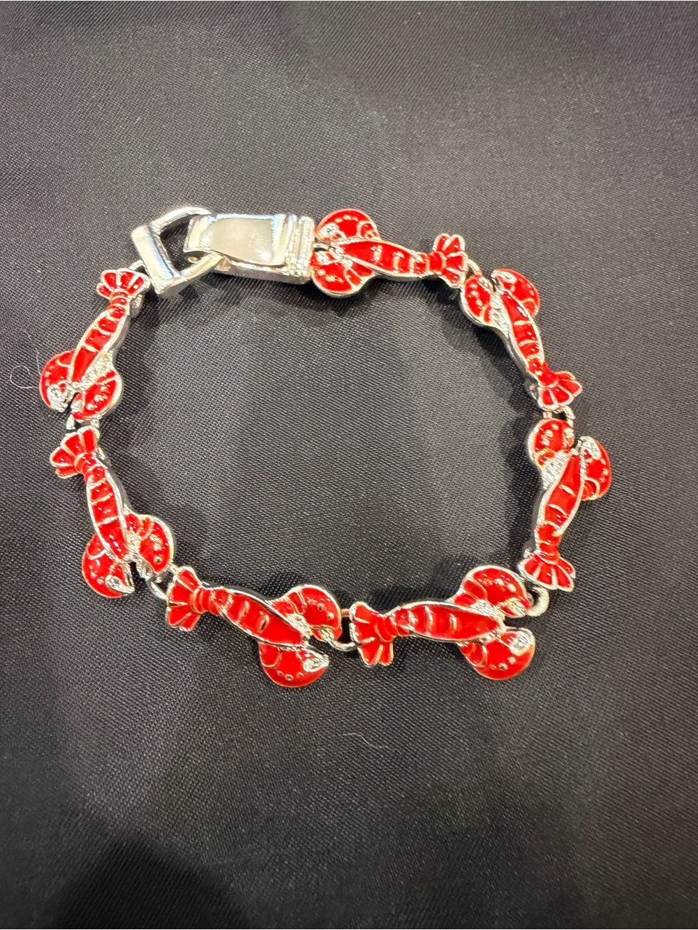 Sterling Silver and Red Enamel Lobster Chain Bracelet